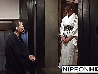 Chinese in a kimono gets unshaved pussy hole fingered