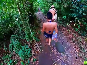 Dispirited tattooed MILF Deny Barbie & Natzinha Morena get their tits and pussies banged in along to woods