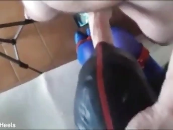 Laura On Heels & The Throater win kinky in blindfolded bondage, with a big cock & face-piercing good-luck piece