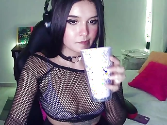 SweetieCami's uber-cute face glows as A she gets her bum boned and face plugged by a gamer dude